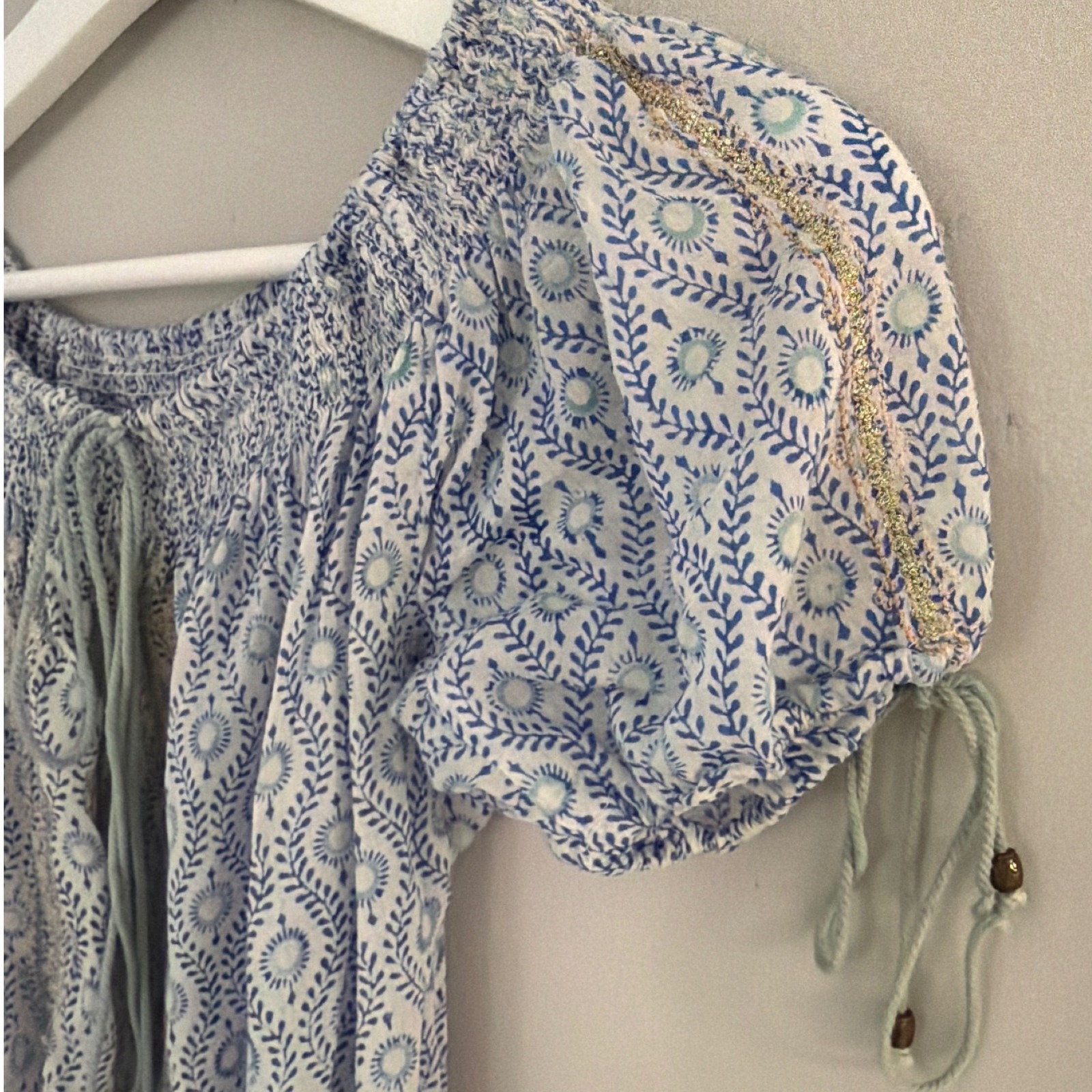 Bell By Alicia Bell Blue White Silk Cotton Block Print Smocked Mini Dress S — image 3 of 8